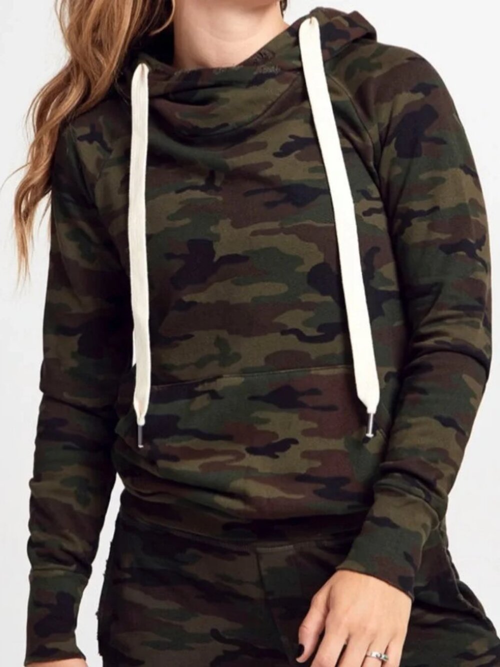 NWT Women NSF x Soulcycle (Item- 16) Green Brown Camo Pullover Lisse Hoodie L